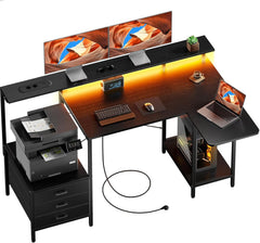 HLDIRECT Hoekbureau met inklapbaar blad, 140 cm, L-vormig gamingbureau, met stopcontacten en USB-C, computerbureau met stoffen lades, computerbureau met monitorbeugel, zwart