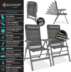 KESSER® Tuinstoel met armleuningen set van 2 | aluminium klapstoel incl. hoofdkussen campingstoel 7-voudig verstelbare rugleuning | ademend en weerbestendig | inklapbaar & anti-slip antraciet