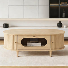 DACHETOU Salontafel 50x100cm, houtkleur, salontafel met één lade, bijzettafel met roldeur, salontafel, woonkamertafel met 4 steunpoten, houtkleur