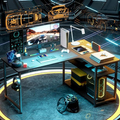 COMHOMA L-vormig gamingbureau, hoekbureau met opbergplanken, computertafel met USB-oplaadpoort en stopcontact, 140 x 80 x 74 cm (H) voor gamen en werken (zwart)