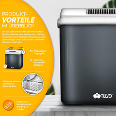 tillvex Koelbox, elektrisch, 32 liter, mini-koelkast 230 V en 12 V, voor auto, camping, koelt en verwarmt, eco-modus, grijs