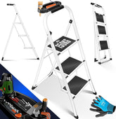MASKO® Trapladder, vouwladder met 3 treden, belastbaar tot 150 kg, antislip, incl. handschoenen, gereedschapshouder en automatisch slot, wit