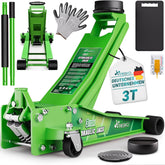 TRESKO Hydraulische krik 3T hefhoogte 75-510 mm | Hydraulische garagekrik voor auto, plat met dubbele zuiger & 360° wielen | krik auto incl. 2 x rubberen pad, beschermingsmat, handschoenen, profielmes, groen