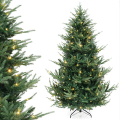 COSTWAY Kunstkerstboom met verlichting, 210 cm, dennenboom met 340 warmwitte ledlampen en 8 lichtmodi, kerstboom met scharnierstructuur, kunstboom voor thuis, groen