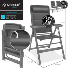 KESSER® Tuinstoel met armleuningen set van 2 | aluminium klapstoel incl. hoofdkussen campingstoel 7-voudig verstelbare rugleuning | ademend en weerbestendig | inklapbaar & anti-slip antraciet