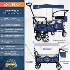 Opvouwbare bolderkar met dak, muggennet, regenhoes, handwagen, transportwagen, 2-zits, gordelsysteem, inklapbaar, massief rubberen banden, tot 80 kg, voor- en achterrem + draagtas, blauw •