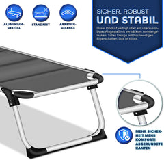 tillvex® Ligstoel met luifel en hoofdsteun, zwart - Premium bekleding | Opklapbare tuinligstoel | Strandligstoel met verstelbare rugleuning en gewatteerd ligvlak | Aluminium ligstoel