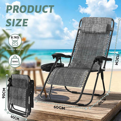 Opklapbare ligstoel, set van 2, 112x90x64cm, weerbestendige ligstoel met textielhoes, hoofdsteun en bekerhouder, tot 120 kg, tuinstoel/campingstoel met verstelbare rugleuning, zwart