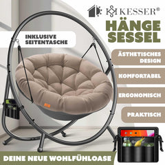 KESSER® Hangstoel met frame Bali hangschommel, hangstoel tot 150 kg, voor binnen en buiten, inclusief kussen en zijtas, hangmand, stalen frame en schuimrubberen zitkussen