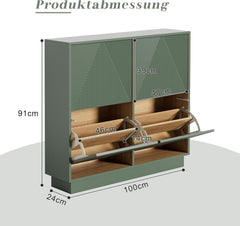 UEV Schoenenkast met 4 kleppen, smal, drukdeuropener, push-to-open, schoenenkast met kantelbeveiliging, schoenenkast voor woonkamer, slaapkamer, hal, ruimtebesparend, groen