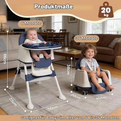 Ferghana 4-in-1 kinderstoel voor baby's, kinderstoel met afneembaar dienblad, babystoel met onderste opbergvak en wielen, in hoogte verstelbare kinderstoel met 5-punts riem, blauw