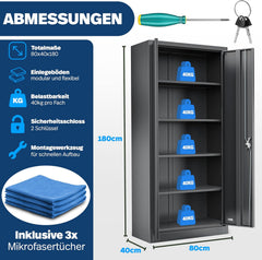 KESSER® Dossierkast afsluitbaar met vleugeldeuren 180x80x40cm | kantoorkast van staal met 4 in hoogte verstelbare planken | multifunctionele kast 5 flexibele vakken, max. 40 kg per vak, incl. 2