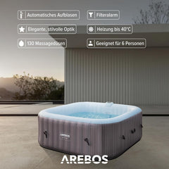 Arebos Spa Whirlpool 2400 W, in-outdoor zwembad, voor 6 personen, 185 x 185 cm, 130 massagejets, 910 l met verwarming, opblaasfunctie met één druk op de knop, inclusief afdekking, bubbelspa en