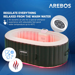 Arebos Whirlpool met ledverlichting, opblaasbaar, binnen en buiten, 190 x 120 cm ovaal, 2 personen, 90 massagejets, met verwarming, 550 liter, inclusief afdekking, bubbelspa en wellnessmassage