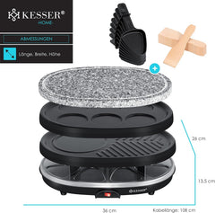 KESSER® 3-in-1 raclette-grill met natuurgrillsteen, grillplaat en pannenkoeken, tafelgrill voor 8 personen, elektrische grill met antiaanbaklaag, 8 pannen en houten spatels