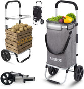Arebos 3-in-1 boodschappentrolley, groot, 56 liter, winkelwagen met koelvak, boodschappentas met wieltjes, inklapbare shopper, inklapbare tas, afneembaar, boodschappentrolley, handwagen, grijs