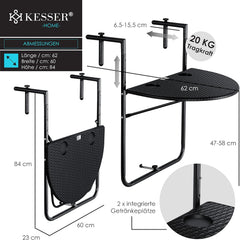 KESSER® Balkontafel - Inklapbaar - Hangtafel - Verstelbaar - Zwart
