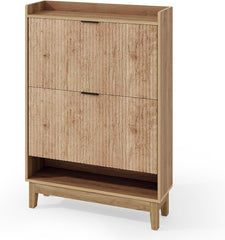 Tribesigns Schoenenkast Smal, schoenenrek met planken, 2 laden met klapbescherming, houten materiaal, schoenenkast voor entree, hal, woonkamer, 80 x 24 x 116 cm, bruin