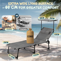 Zonneligstoel, inklapbaar met dak, ligstoel, aluminium, weerbestendig, 194 x 68 x 29 cm, strandligstoel, tuinligstoel, klapstoel, zonwering, met hoofdkussen en zijvak, zwart