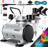 MASKO® Airbrush-set met compressor 4 bar incl. airbrush-pistolen | lakpistool complete set tattoo kunst schilderij | naalden & spuitmonden in accessoires | multifunctionele dubbele set met manomter en