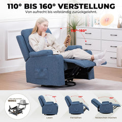 GTPLAYER Relaxstoel, televisiestoel met ligfunctie, 360° borstvoedingsstoel met schommelfunctie, tv-stoel woonkamer met bekerhouders en zijvak, leesstoel voor slaapkamer, stof, blauw