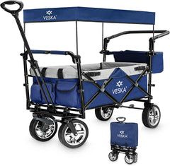 Opvouwbare bolderkar met dak, muggennet, regenhoes, handwagen, transportwagen, 2-zits, gordelsysteem, inklapbaar, massief rubberen banden, tot 80 kg, voor- en achterrem + draagtas, blauw •