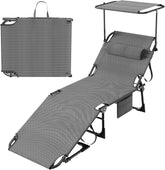 Zonneligstoel, inklapbaar met dak, ligstoel, aluminium, weerbestendig, 194 x 68 x 29 cm, strandligstoel, tuinligstoel, klapstoel, zonwering, met hoofdkussen en zijvak, zwart