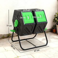 Outsunny 130L draaibare compostbak, dubbele compostbak voor in de tuin met ventilatieopeningen en stalen poten, 67x60x77 cm, zwart