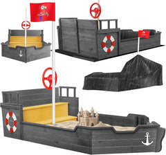 KIDIZ® Zandbak AHOI - piratenschip boot zeilschip van hout incl. afdekking, grondzeil, zitbank, vlaggenmast, speelgoed | grote kinderzandbak voor de tuin | outdoor zandbak antraciet