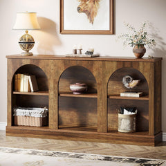Tribesigns Boerderijconsoletafel, 160 cm lange haltafel met 3-traps opbergruimte, houten rechthoekige banktafel achter de bank voor ingang, hal, woonkamer, bruin