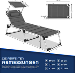 tillvex® Ligstoel met luifel en hoofdsteun, zwart - Premium bekleding | Opklapbare tuinligstoel | Strandligstoel met verstelbare rugleuning en gewatteerd ligvlak | Aluminium ligstoel