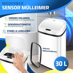 KESSER® Sensor afvalbak voor keuken, 30 l, automatisch met bewegingssensor, soft-close afvalbak en deksel, met touchbediening en sensor, LCD-scherm, wit