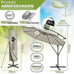 tillvex Aluminium parasol + afdekking Ø 350 cm met zwengel, zweefparasol met standaard en windscherm, tuinparasol, uv-bescherming aluminium, zwengelparasol, waterdicht, 360 graden draaibaar •
