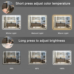 Dripex Badkamerspiegel met LED-verlichting, 600 * 800 mm, verlichte wandspiegel met achtergrondverlichting, dimbare schakelaar, 3 kleuren en anti-condensfunctie, horizontaal/verticaal te monteren