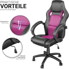 Racing bureaustoel, roze, gevoerde armleuningen, kantelmechanisme, gasveer SGS getest