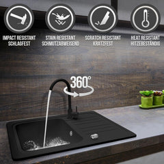 Granieten wasbak - met Afvoerset en Kraan - Zwart