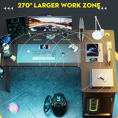 COMHOMA L-vormig gamingbureau, hoekbureau met opbergplanken, computertafel met USB-oplaadpoort en stopcontact, 140 x 80 x 74 cm (H) voor gamen en werken (zwart)