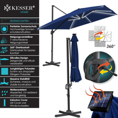 KESSER® Zweefparasol met voet - LED - Ø 3.3m - 360° Draaibaar - Marineblauw