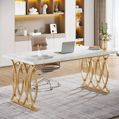 Tribesigns Bureau, computertafel, 160 x 80 x 75 cm, moderne pc-tafel, werktafel, eettafel met goudkleurige poten, voor thuiskantoor, thuis, bureau, vergadertafel, wit en goud