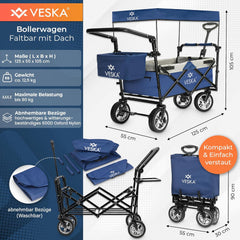 Opvouwbare bolderkar met dak, muggennet, regenhoes, handwagen, transportwagen, 2-zits, gordelsysteem, inklapbaar, massief rubberen banden, tot 80 kg, voor- en achterrem + draagtas, blauw •