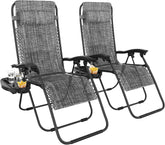 Opklapbare ligstoel, set van 2, 112x90x64cm, weerbestendige ligstoel met textielhoes, hoofdsteun en bekerhouder, tot 120 kg, tuinstoel/campingstoel met verstelbare rugleuning, zwart