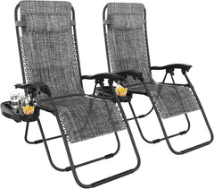 Opklapbare ligstoel, set van 2, 112x90x64cm, weerbestendige ligstoel met textielhoes, hoofdsteun en bekerhouder, tot 120 kg, tuinstoel/campingstoel met verstelbare rugleuning, zwart
