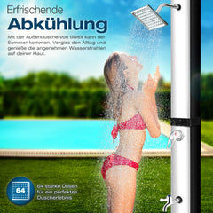 tillvex Zonnedouche, 40 liter, incl. beschermkap, tuindouche op zonne-energie, warm water, zwembaddouche, camping, zonder stroomaansluiting, met kraan en regendouchekop, aansluiting voor tuinslang, zwart/zilver