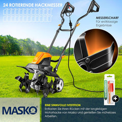 MASKOยฎ elektrische motorhak 1500 Watt | 45 cm werkbreedte 20 cm werkdiepte | grondhak | akkerfrees landbouwer tuinfrees | elektrische hak | inklapbare handgreep | metalen behuizing | transportwielen