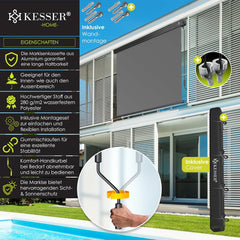 KESSER® Verticale luifel, 140 x 250 cm, buitenrolgordijn, grijs, handslingermechanisme, balkonrolgordijn, zon- en inkijkbescherming, zonwering, met zwengel, luifelkast, balkon en terras, inclusief montageset