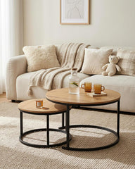 AMVEYA Salontafel rond hout, set van 2, bijzettafels voor de woonkamer, koffietafel, woonkamer-effect, moderne woonkamertafel, met zwart frame