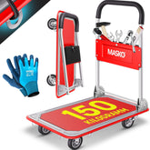 MASKO® Platformwagen, transportwagen, magazijnwagen, inklapbaar, incl. werkhandschoenen, parkeerrem, transporthulp, met 6 veiligheidsogen, 360° zwenkwielen, pakketwagen vouwwagen (rood, 150 kg)