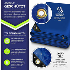 tillvex® Floordirekt Afdekzeil, 4x7 meter, met ingestanste ringen, 10 x spanrubber, 15 m touw, 650 g/m², waterdicht en scheurvast, premium pvc-zeil, universeel, voor vrachtwagen, zwembad, tuinmeubelen, tuinzeil