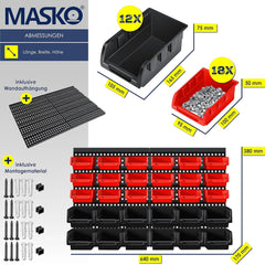 MASKO® Stapelboxen + wandrek, 32-delige set, box, opbergkast, opbergkast, steekrek, hangrek, assortimentsdoos, kleine onderdelen, werkplaatsrek, zwart/rood