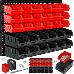 MASKO® Stapelboxen + wandrek, 32-delige set, box, opbergkast, opbergkast, steekrek, hangrek, assortimentsdoos, kleine onderdelen, werkplaatsrek, zwart/rood
